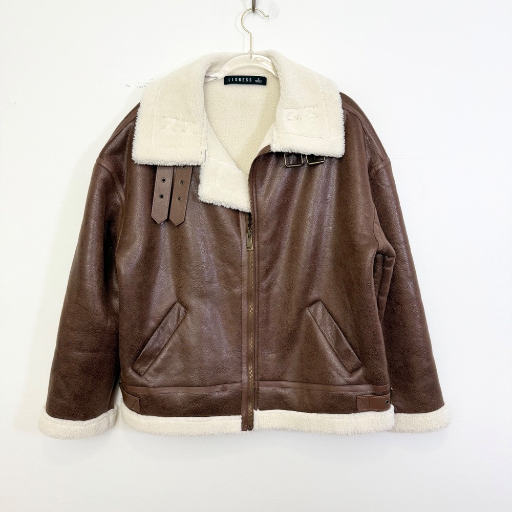 Lioness Heiress Brown Vegan Leather Sherpa Aviator Jacket Size S - Picture 3 of 6
